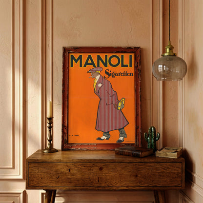 Illustration eines Dandys im gestreiften Mantel für Manoli Sigaretten 1912.