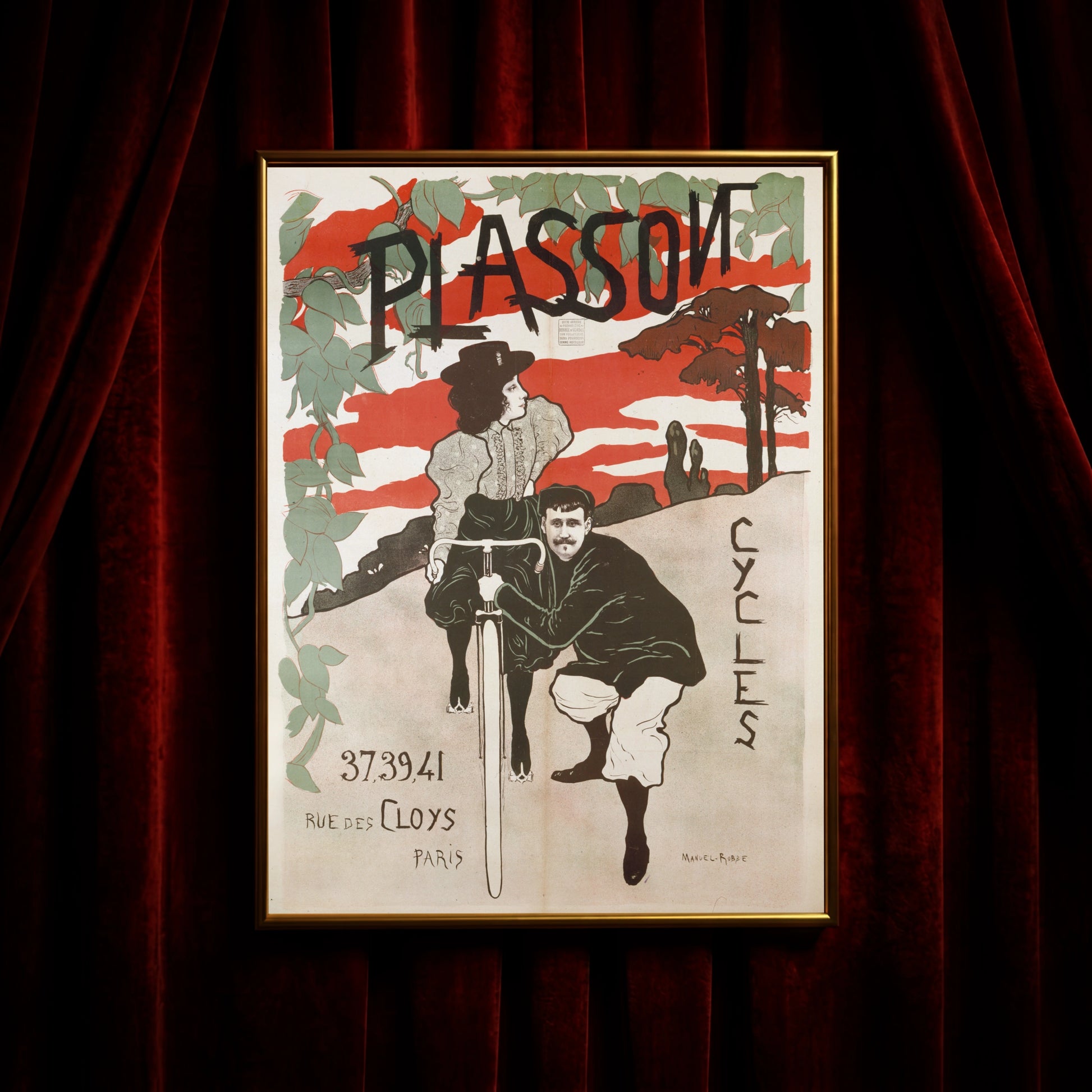 Historisches Fahrrad-Poster vor einem roten Himmel im Jugendstil-Design.