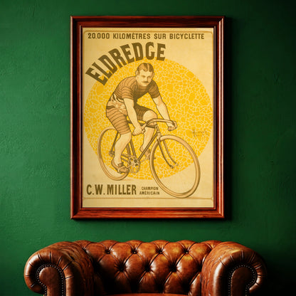 Gelbes Vintage Werbeplakat für Eldredge Fahrräder mit 20.000 km Slogan.