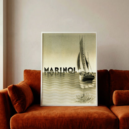 Historische Grafik einer Jacht mit Unterwasser-Elementen im Art-Deco-Stil.