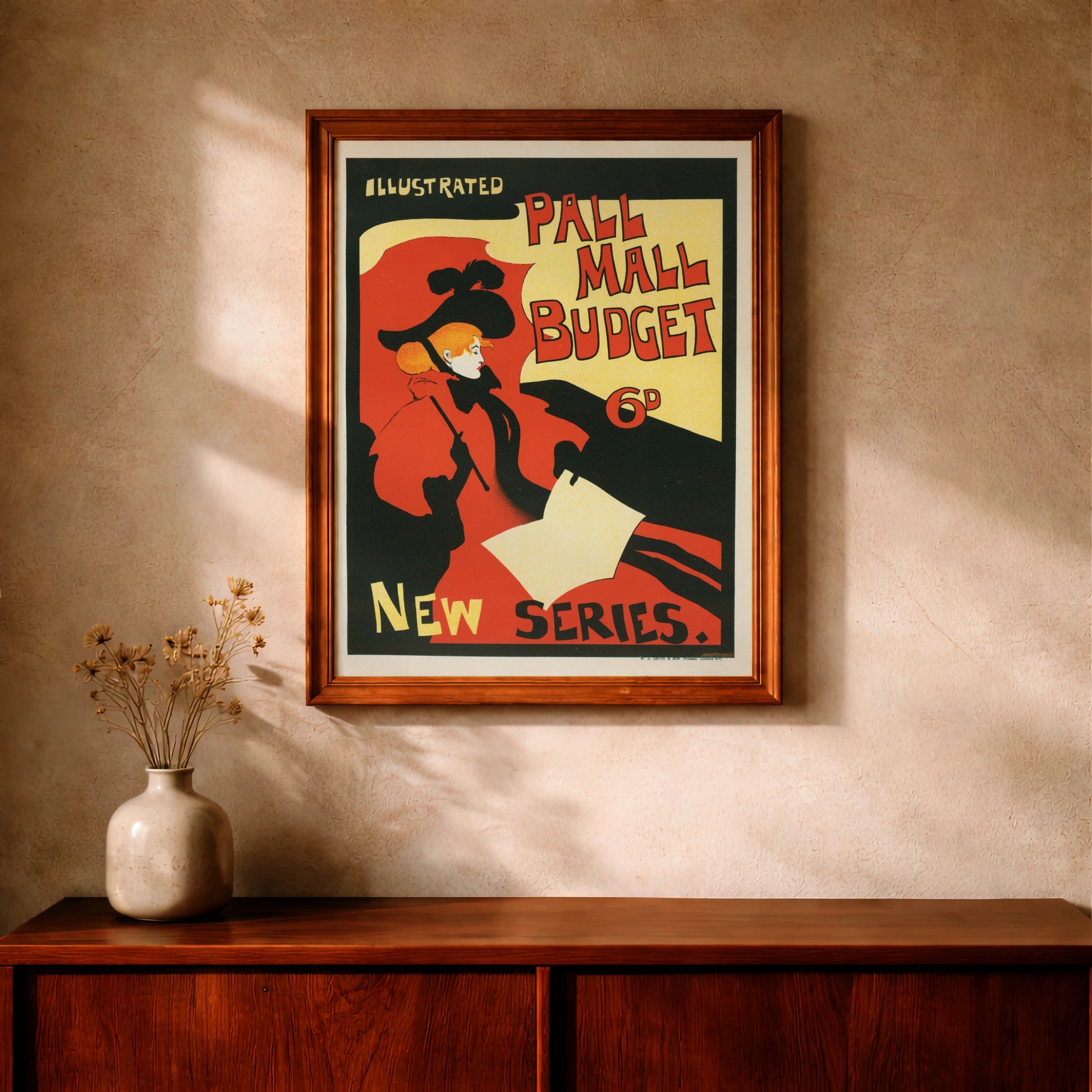 Vintage Plakat Pall Mall Budget von 1896 mit einer eleganten Frau in Rot.