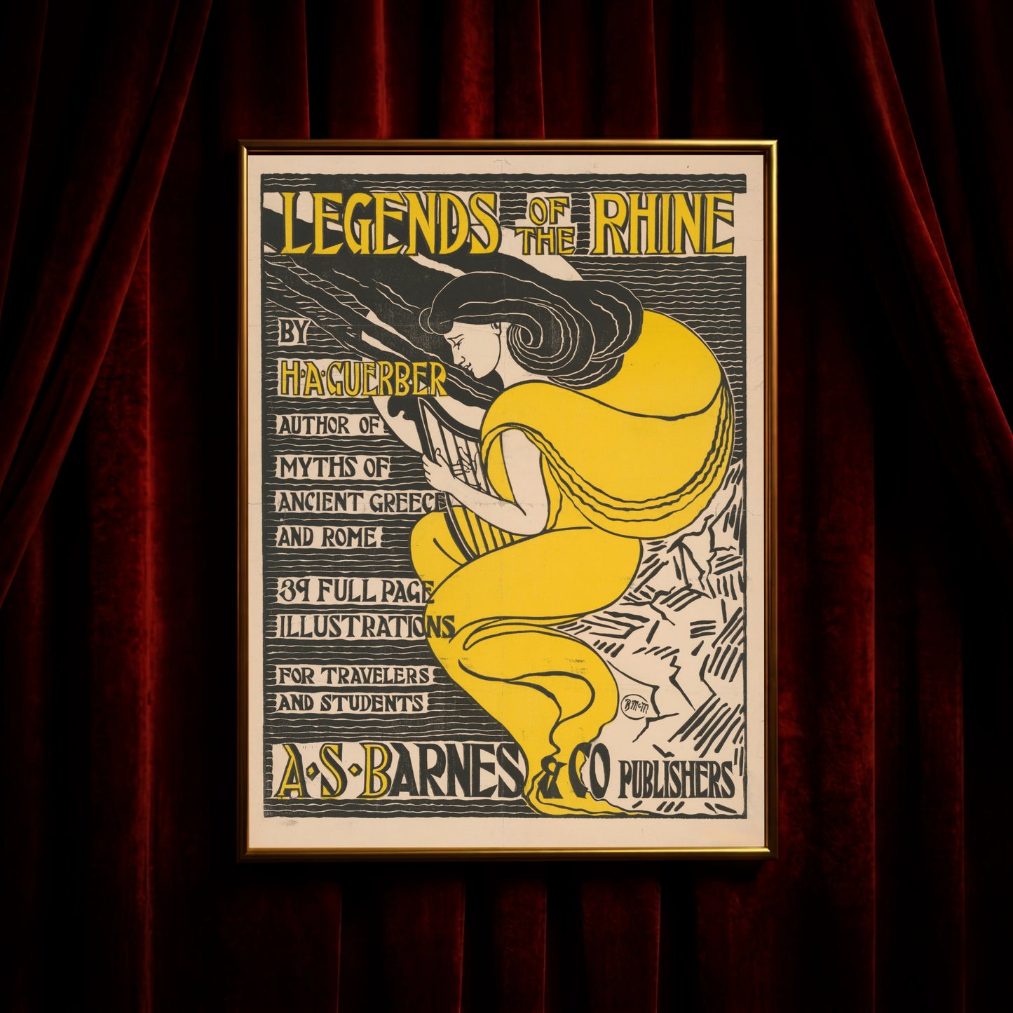 Illustration einer Frau mit Harfe im gelben Kleid im Jugendstil.