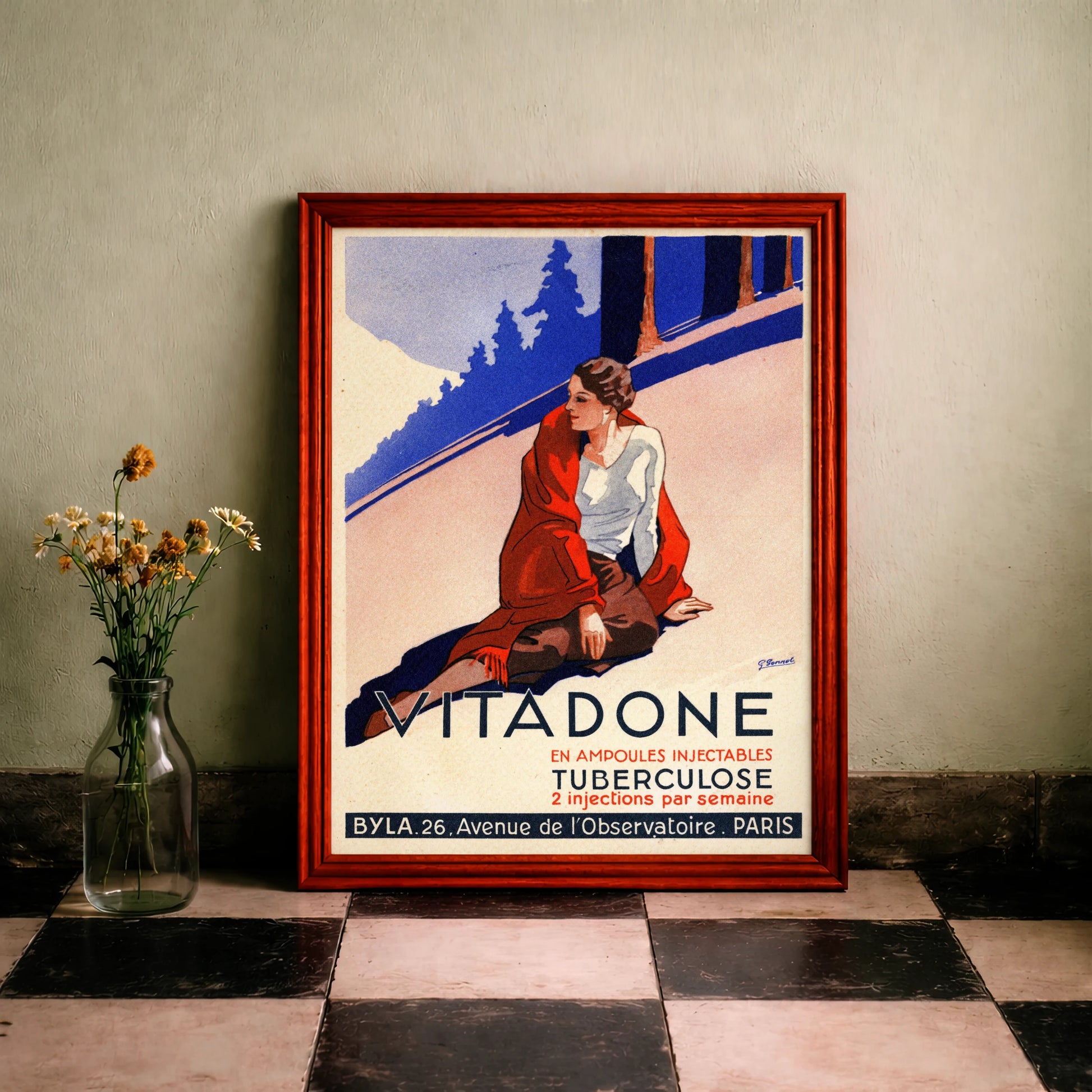 Historisches französisches Plakat für Vitadone in Blau, Rot und Beige.