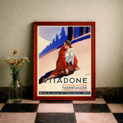 Historisches französisches Plakat für Vitadone in Blau, Rot und Beige.