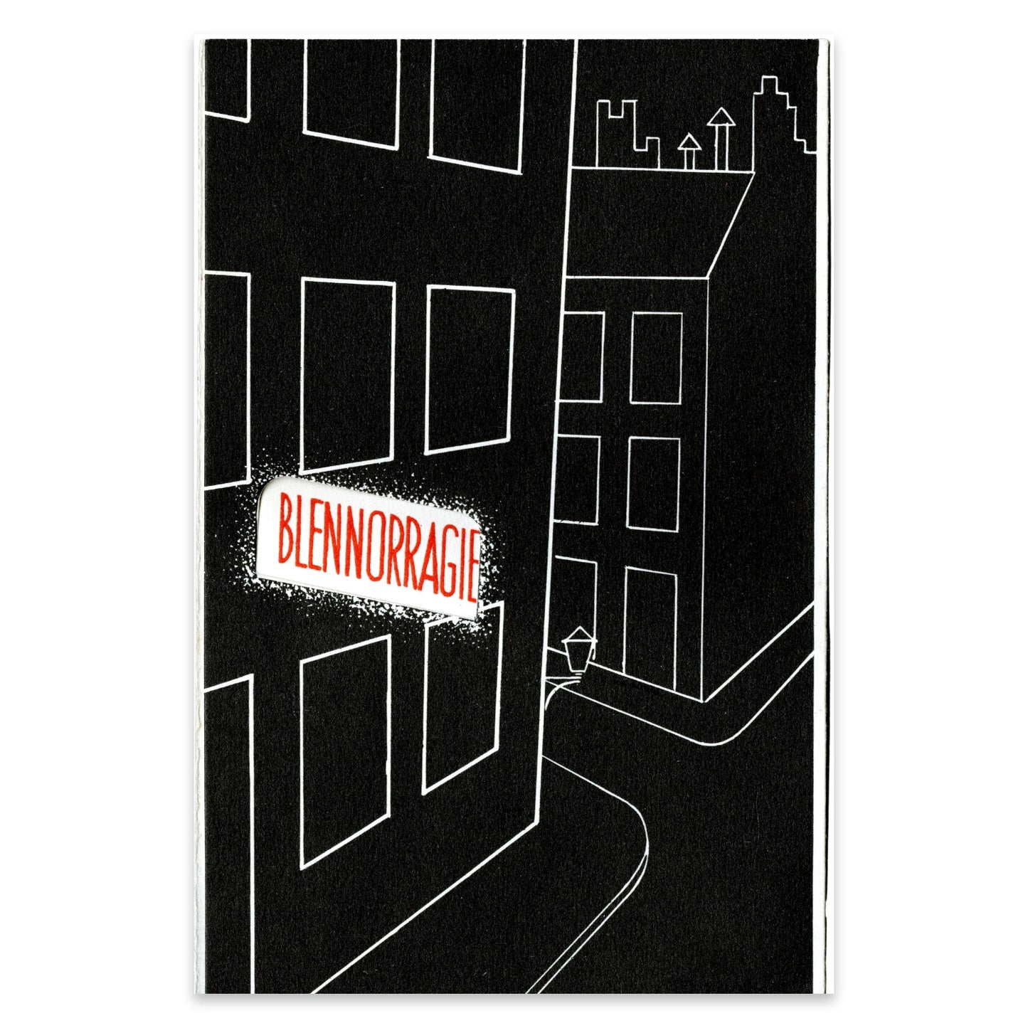 Detailansicht der typografischen Gestaltung des Wortes Blennorragie in Rot auf dunklem Hintergrund.