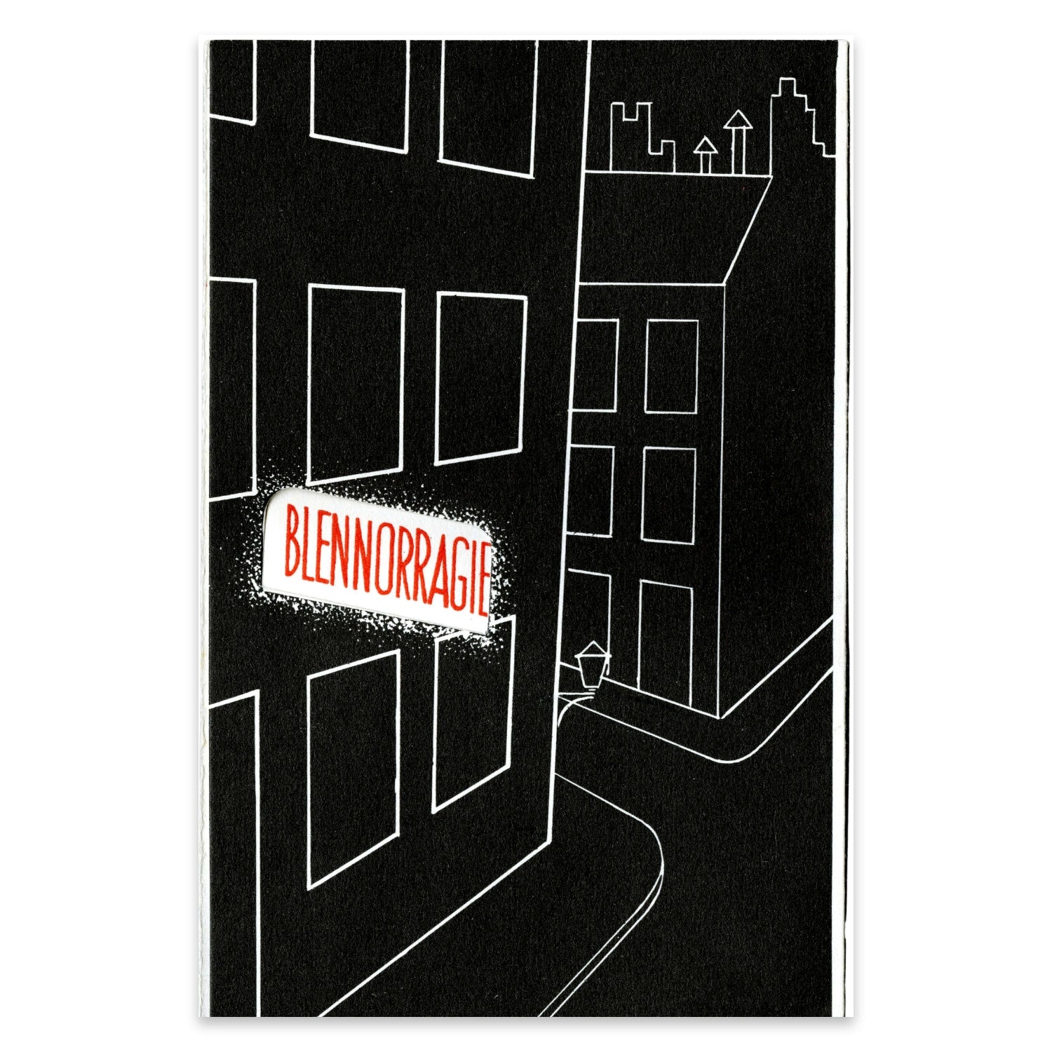 Detailansicht der typografischen Gestaltung des Wortes Blennorragie in Rot auf dunklem Hintergrund.