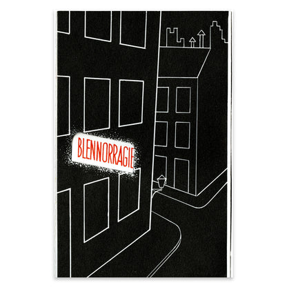 Detailansicht der typografischen Gestaltung des Wortes Blennorragie in Rot auf dunklem Hintergrund.