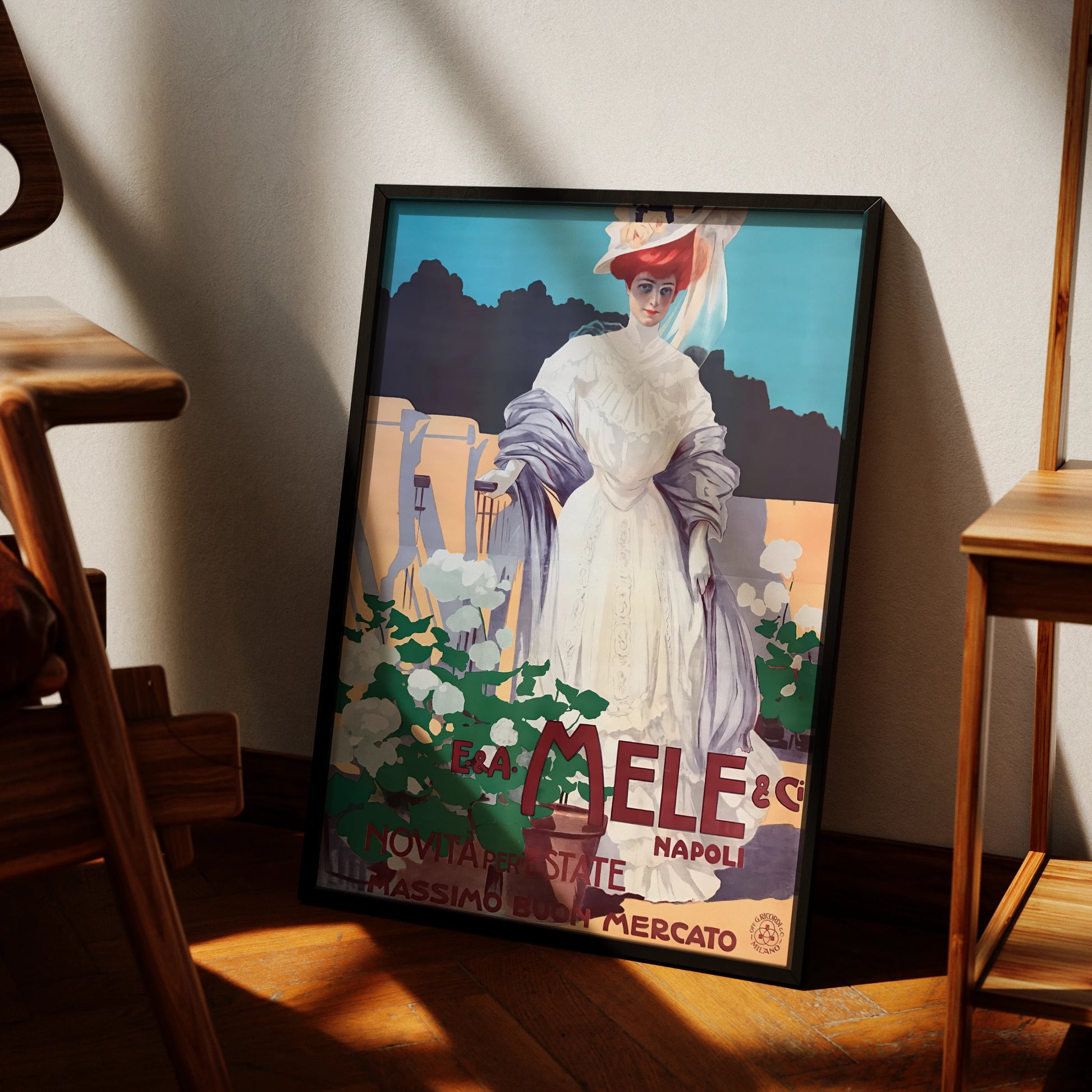 Vintage Italienisches Werbeplakat für E. & A. Mele & Co. Napoli mit einer Frau in weißem Kleide.