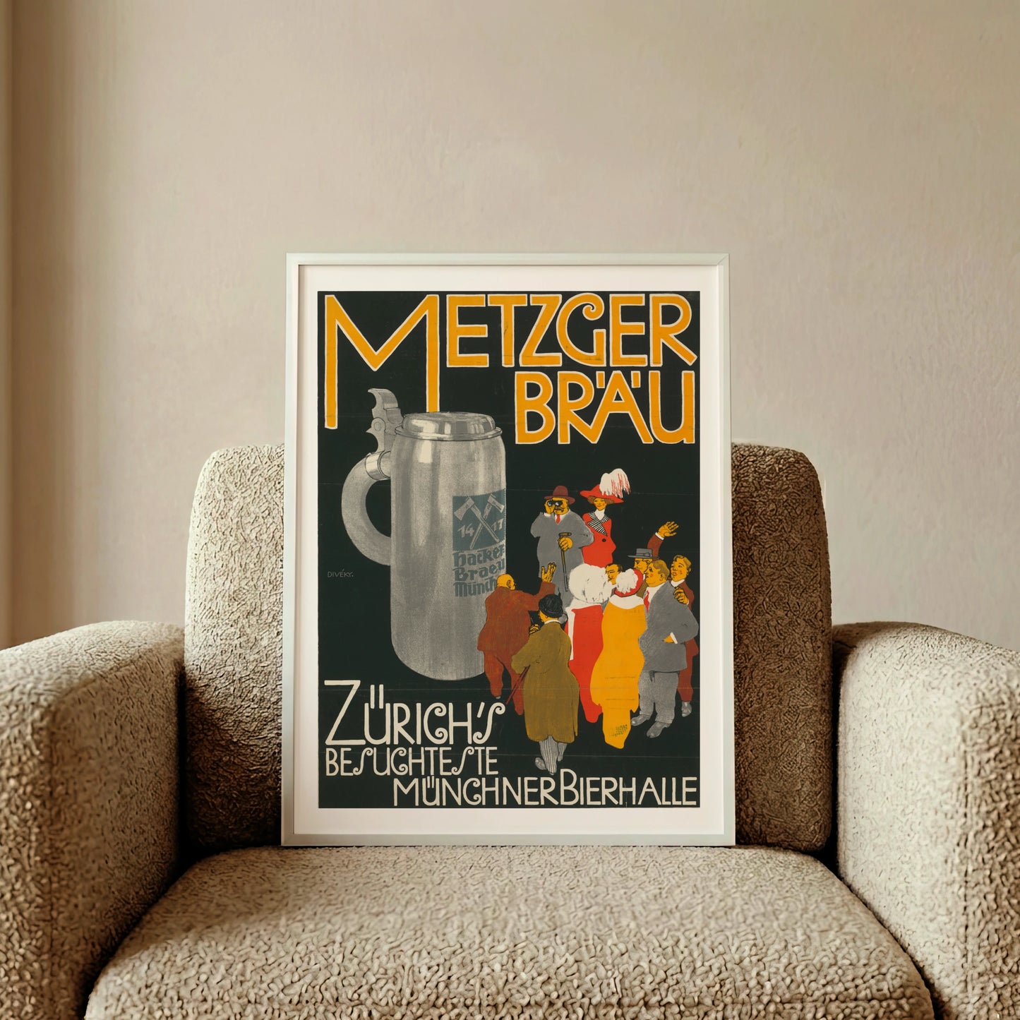 Vintage Bierplakat Metzger Bräu Zürich von 1912 mit großem Steinkrug.