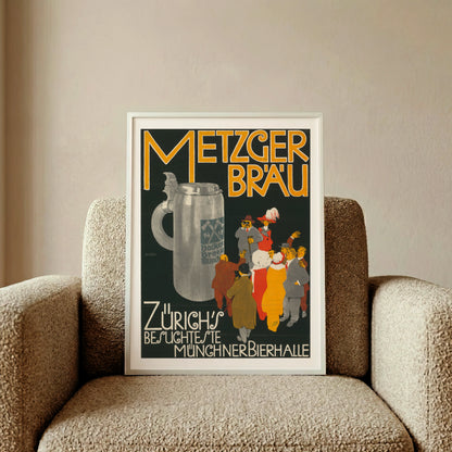 Vintage Bierplakat Metzger Bräu Zürich von 1912 mit großem Steinkrug.