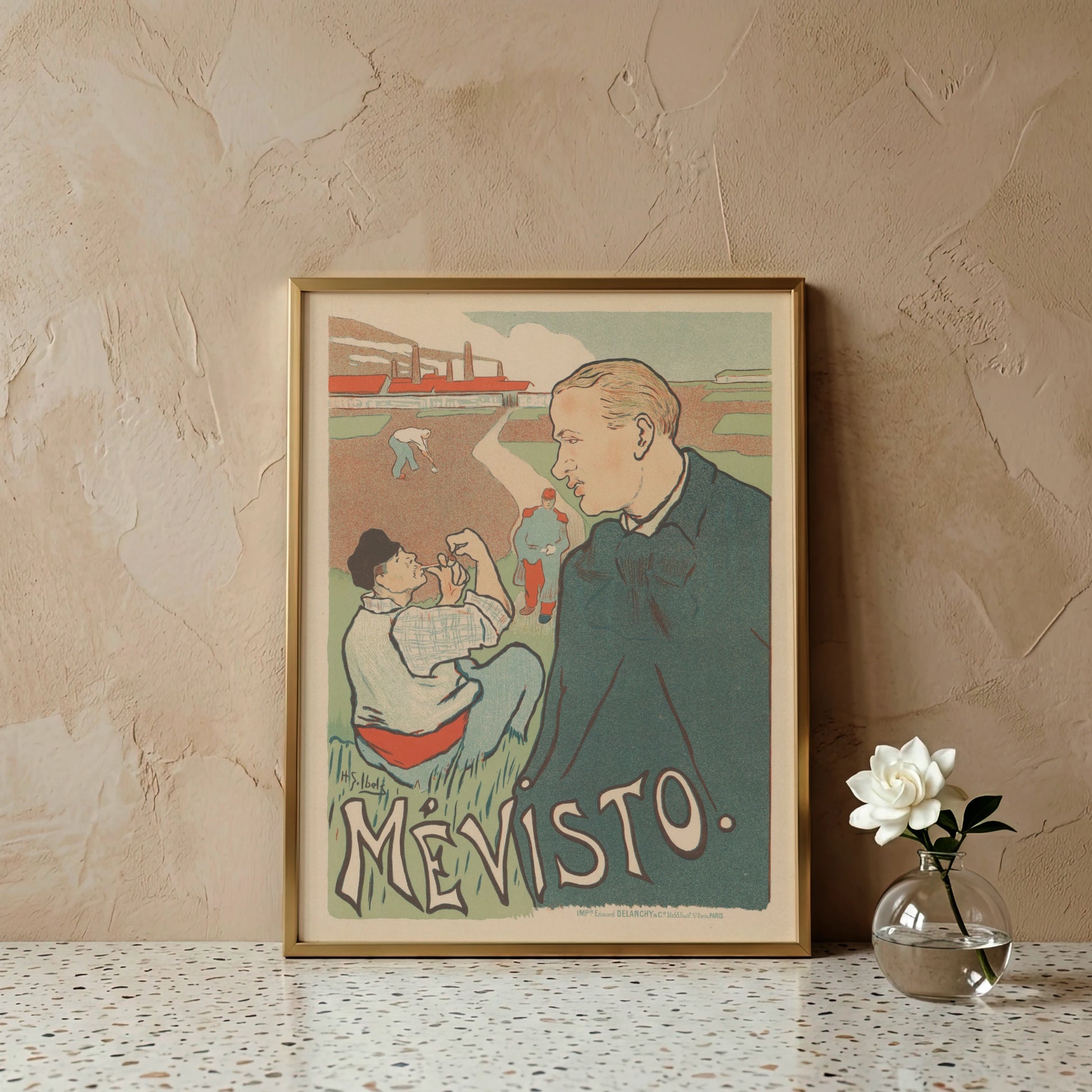 Henri-Gabriel Ibels Mévisto Plakat von 1897 mit Porträt und Arbeiterszene.