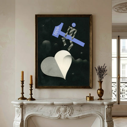 Modernistische Illustration von Michel Bouchaud zeigt eine Figur mit blauem Hammer auf einem weißen Herz.