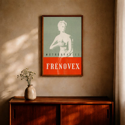 Französisches Pharma-Kunstdruck Plakat für Frénovex in Grün und leuchtendem Orange.