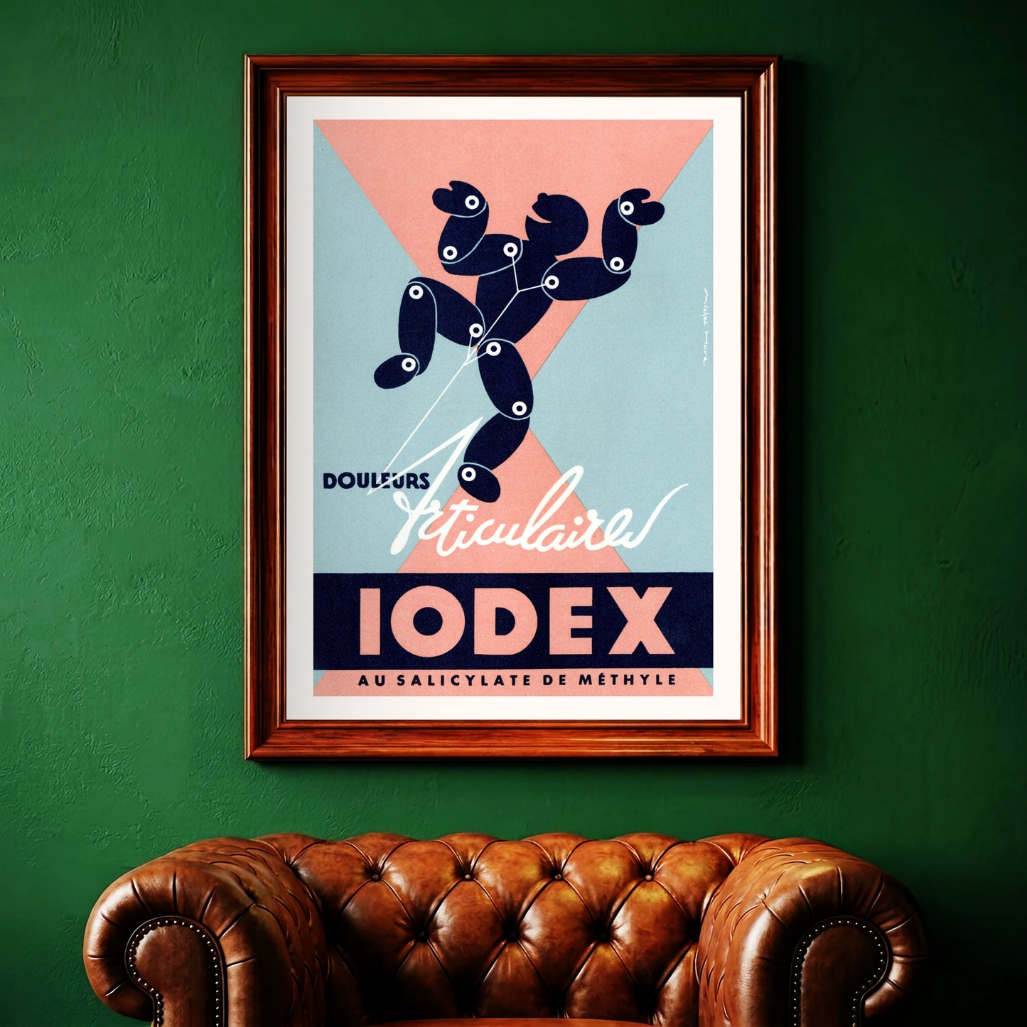 Iodex Vintage Medizinkunst Retro-Plakat mit pastellfarbenem geometrischem Hintergrund.