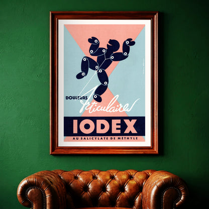 Iodex Vintage Medizinkunst Retro-Plakat mit pastellfarbenem geometrischem Hintergrund.