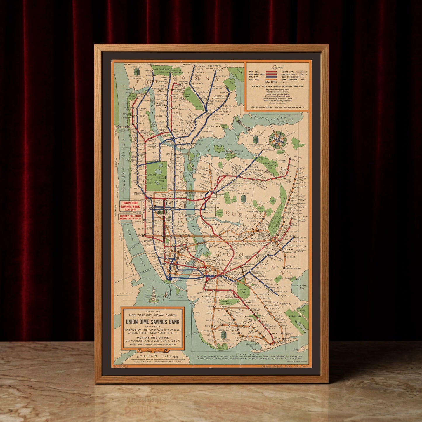 Kartografische Darstellung von New York City mit Fokus auf das Subway System der 1950er Jahre.