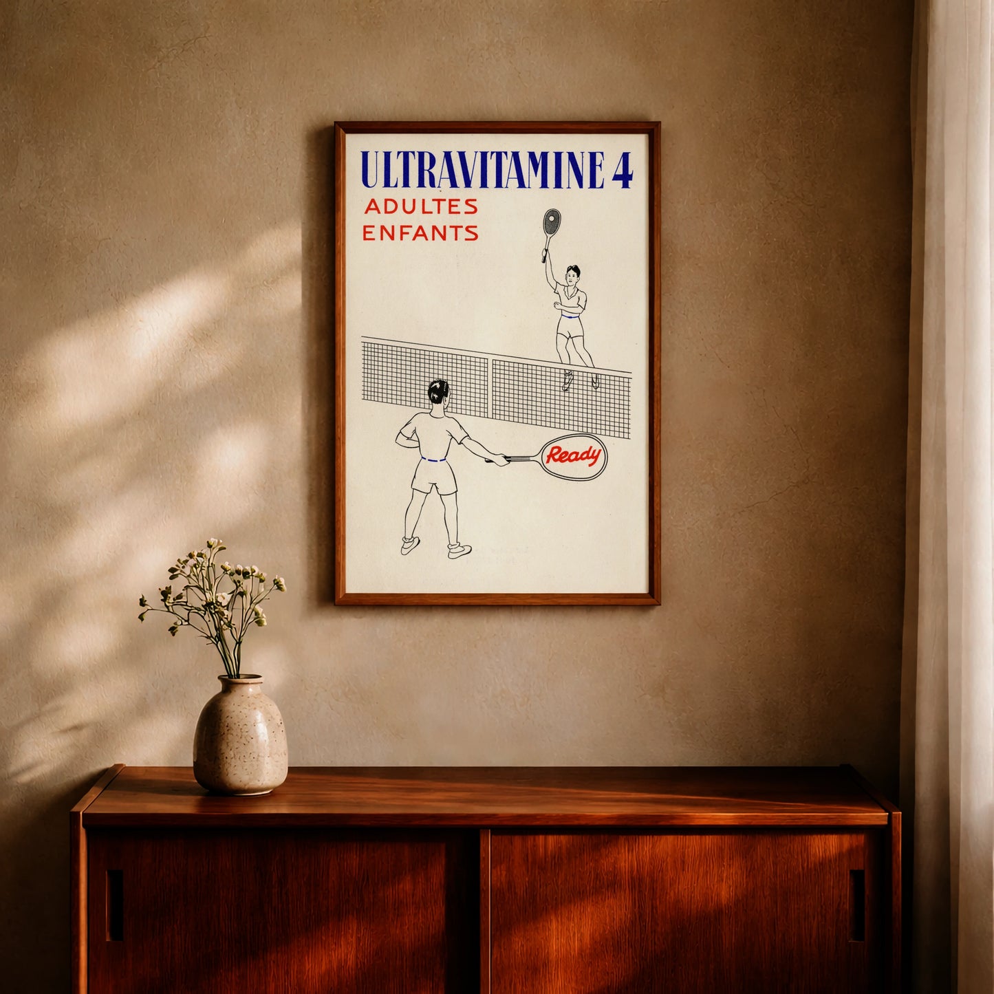 Stilisierte Vintage-Illustration eines Tennis-Matches am Netz in Blau und Rot.