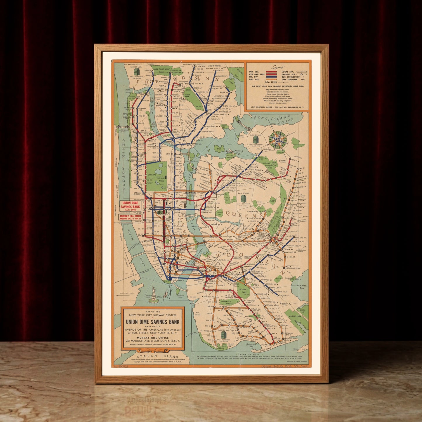 Detaillierte historische Karte des New Yorker Verkehrssystems um 1954.
