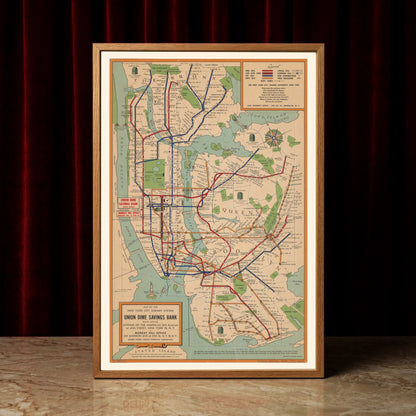 Detaillierte historische Karte des New Yorker Verkehrssystems um 1954.