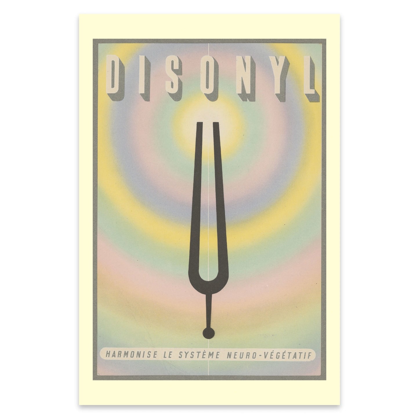 Historisches grafisches Plakat mit markanter Typografie und farbenfroher Aura-Darstellung.
