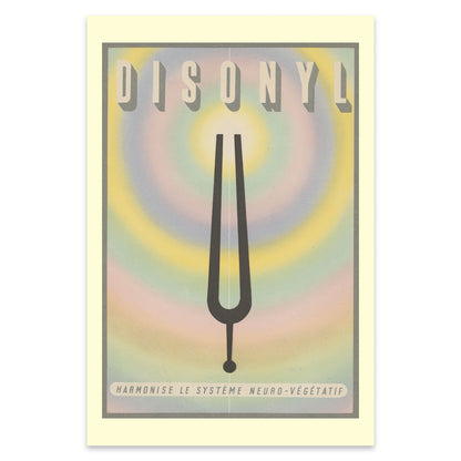 Historisches grafisches Plakat mit markanter Typografie und farbenfroher Aura-Darstellung.