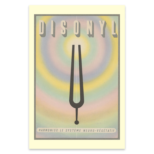 Historisches grafisches Plakat mit markanter Typografie und farbenfroher Aura-Darstellung.
