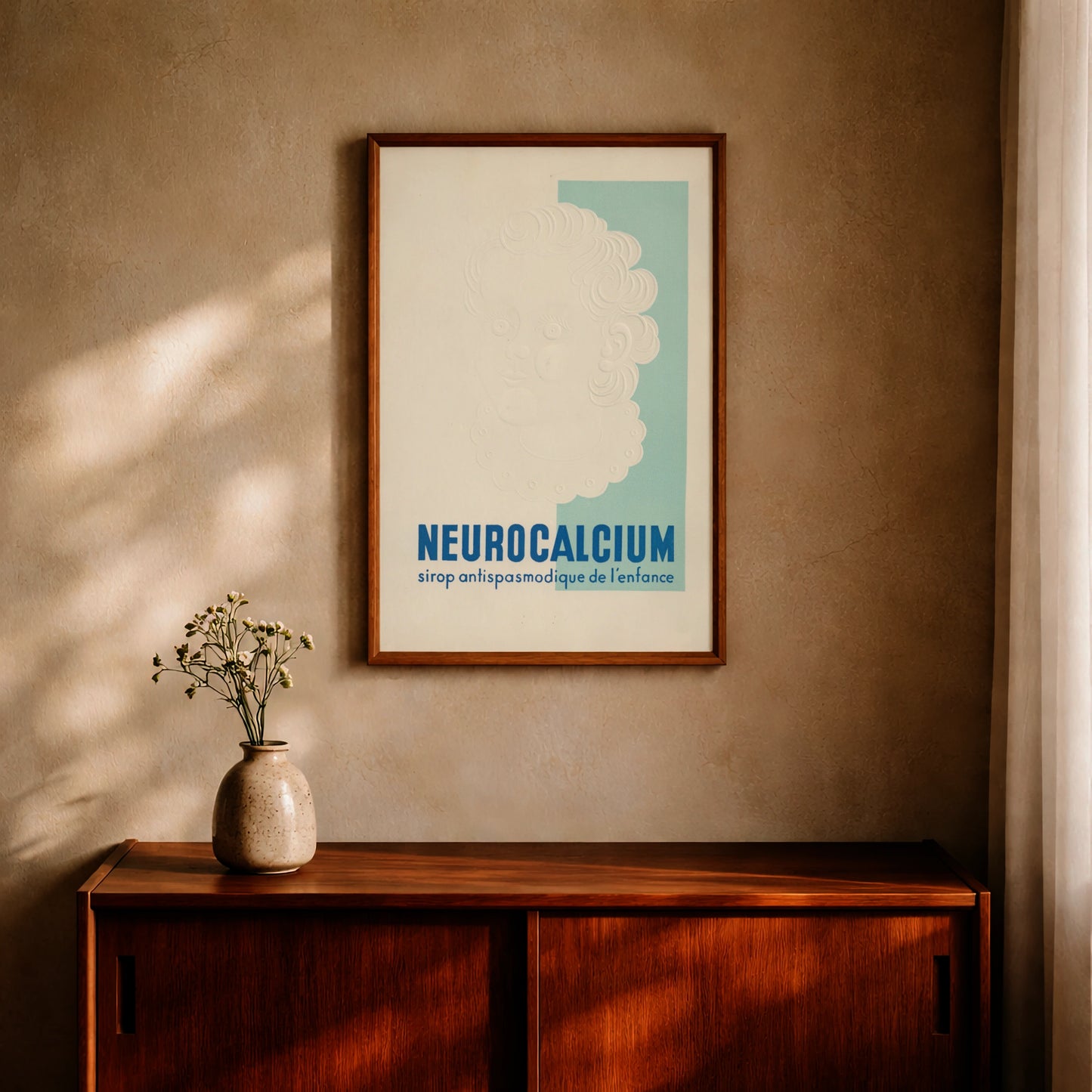 Retro-Poster der Pharmazie-Geschichte in Hellblau und Weiß