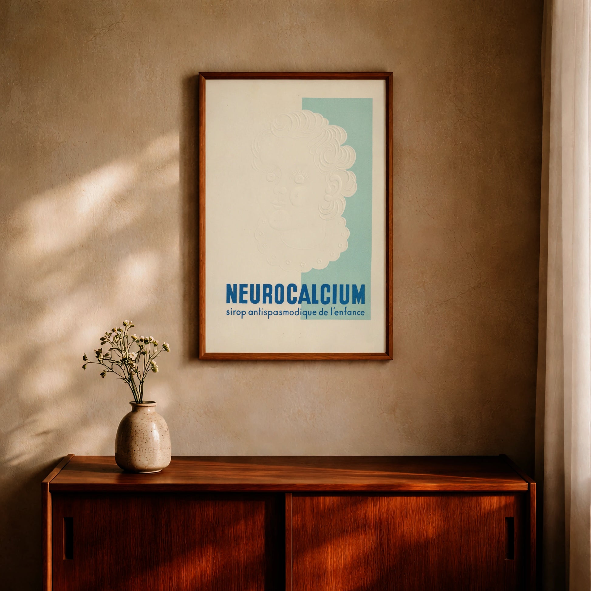 Retro-Poster der Pharmazie-Geschichte in Hellblau und Weiß