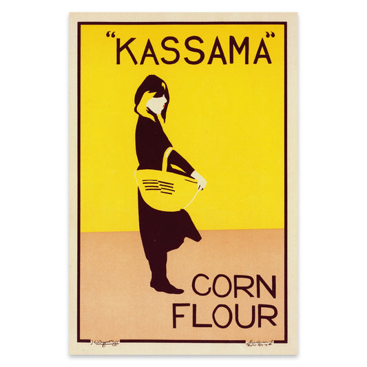 Stilvolles Vintage Küchenposter mit Kassama Corn Flour Schriftzug und grafischer Illustration.