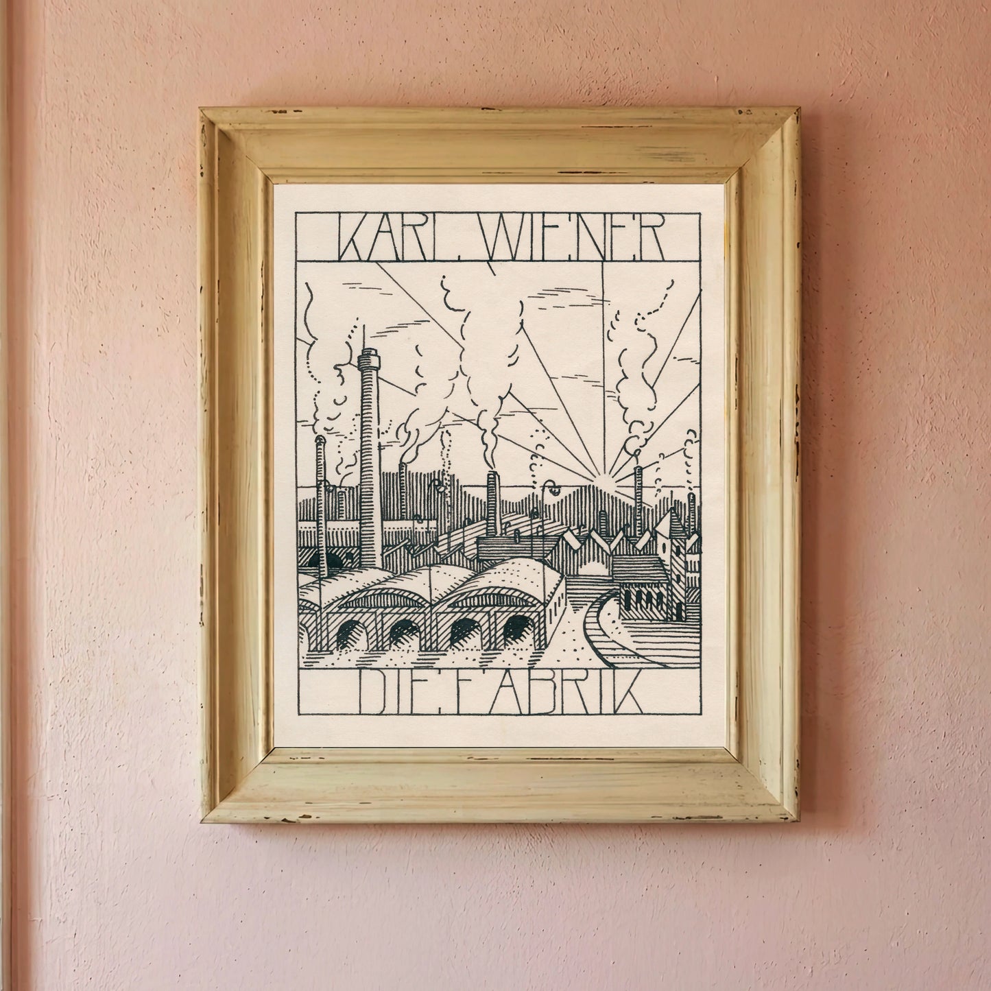 Vintage Kunstdruck 'Die Fabrik' von Karl Wiener mit klaren Linien und hohem Kontrast.
