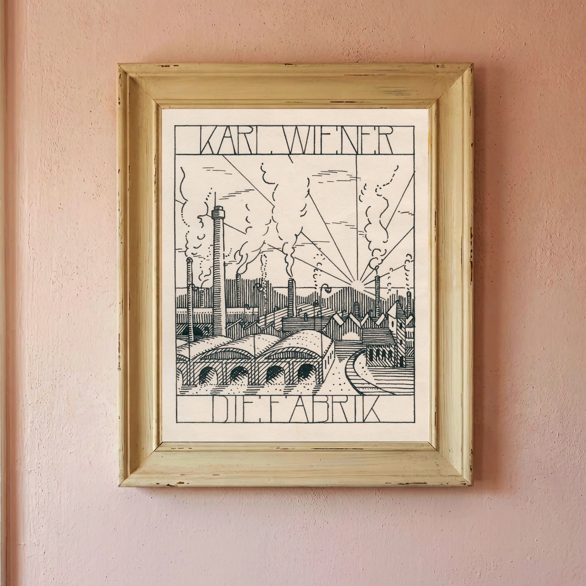 Vintage Kunstdruck 'Die Fabrik' von Karl Wiener mit klaren Linien und hohem Kontrast.