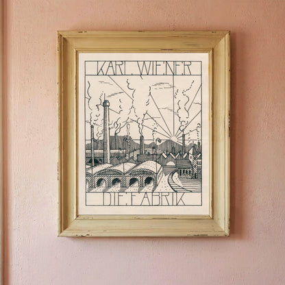Vintage Kunstdruck 'Die Fabrik' von Karl Wiener mit klaren Linien und hohem Kontrast.