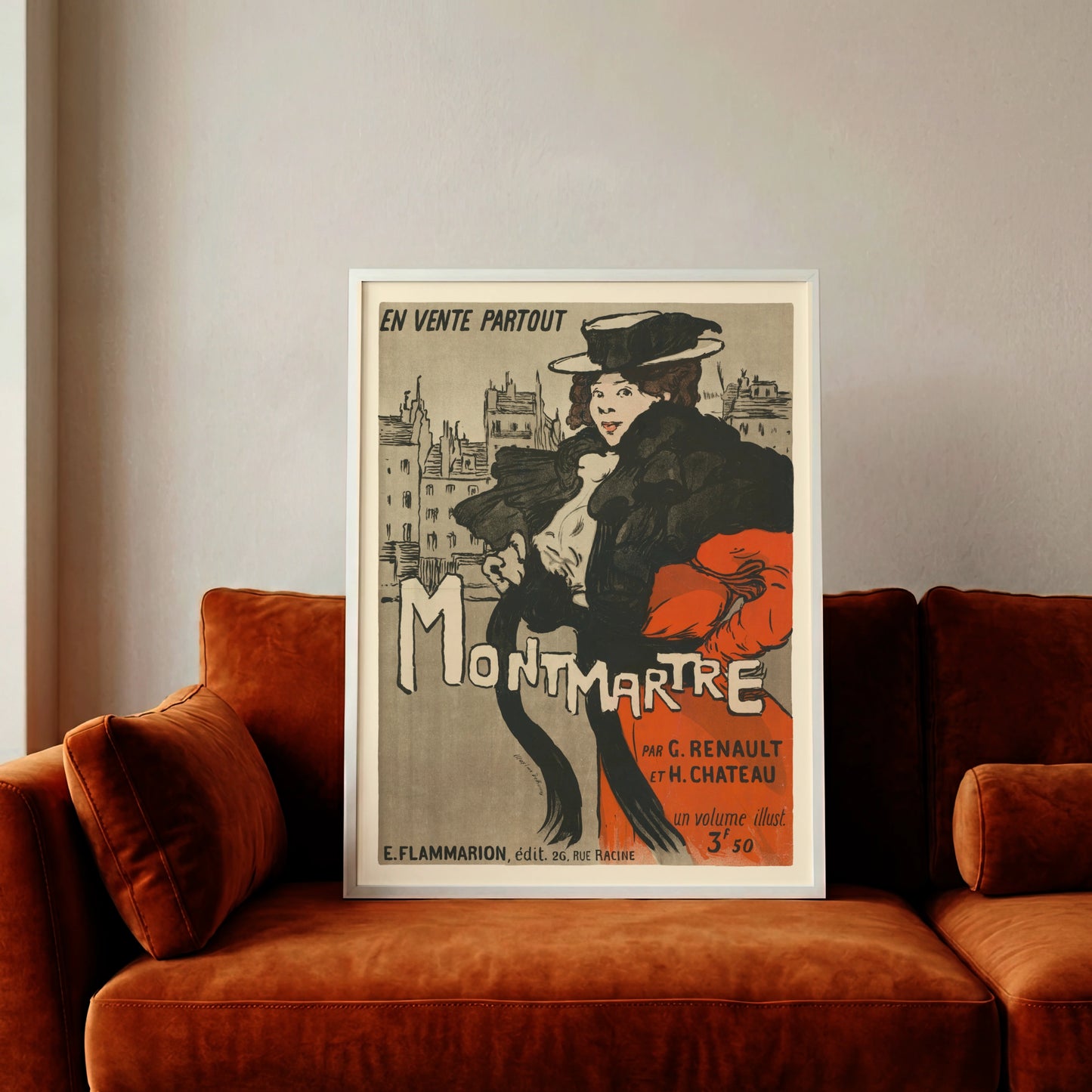 Vintage Plakat Montmartre von Maxime Dethomas aus dem Jahr 1897 mit einer Frau in rotem Kleid.