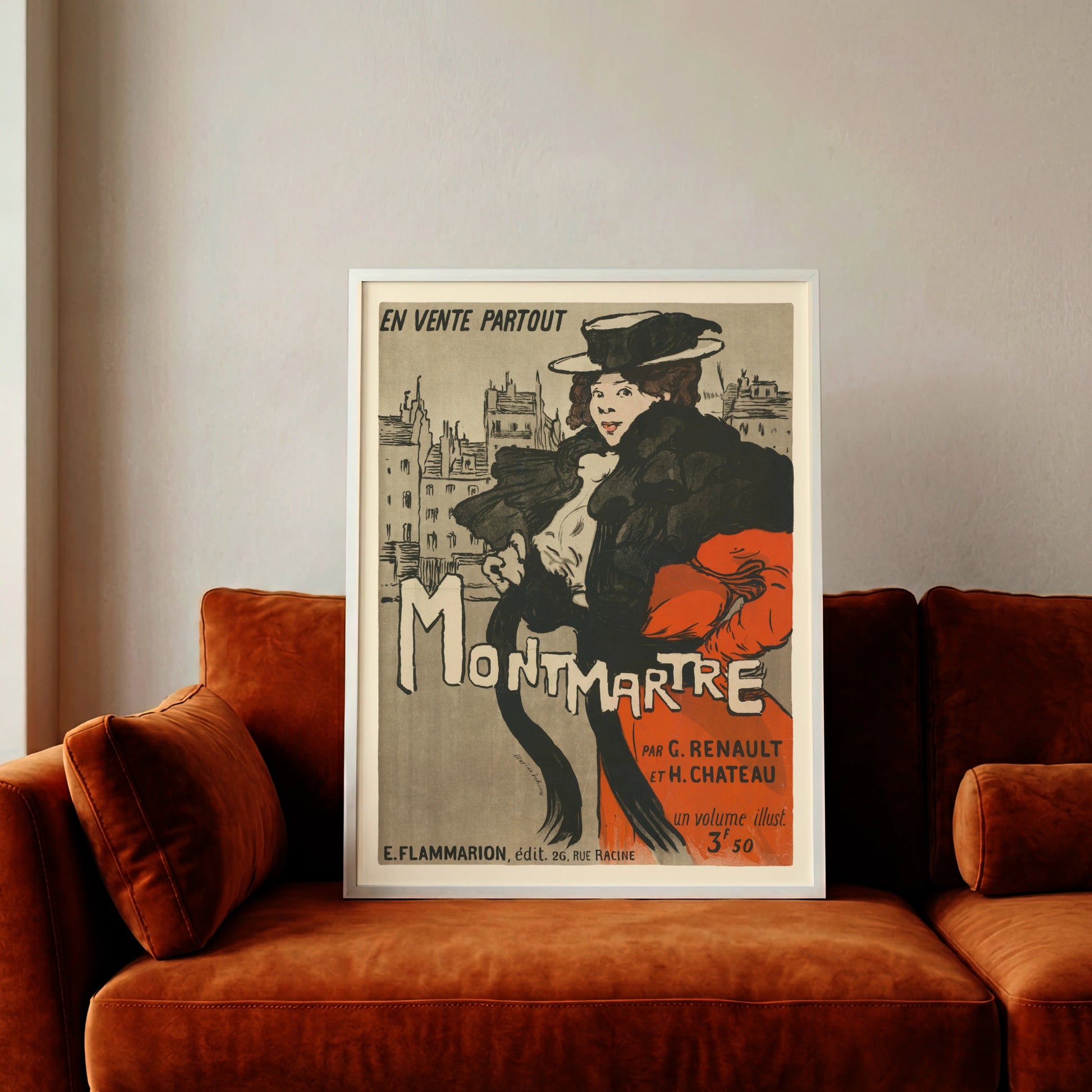 Vintage Plakat Montmartre von Maxime Dethomas aus dem Jahr 1897 mit einer Frau in rotem Kleid.