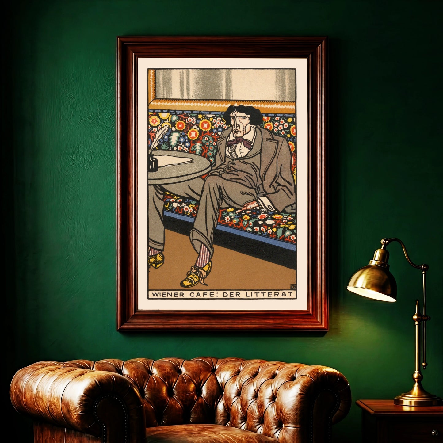 Eine farbenfrohe Illustration eines Mannes im Wiener Café von 1911.
