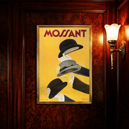 Mossant Vintage Werbeplakat von 1938 mit drei Hüten auf gelbem Grund.