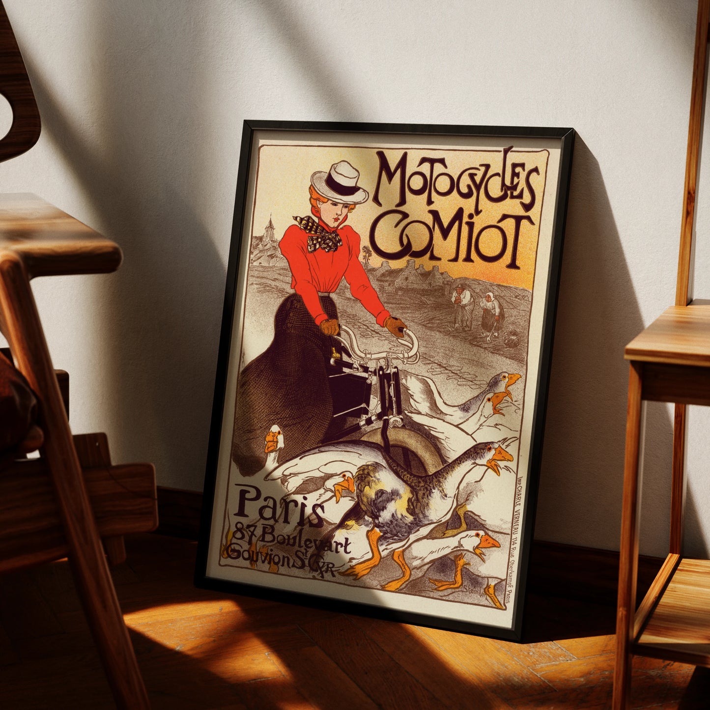 Vintage Werbeplakat für Motocycles Comiot von 1899 mit einer Frau auf einem Dreirad.