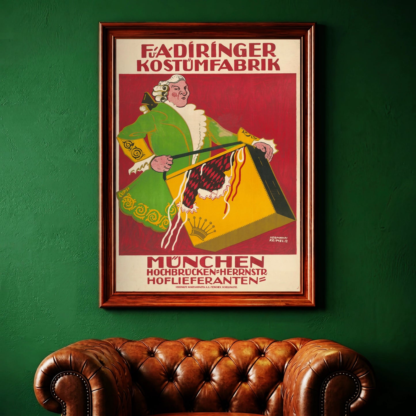 Detailreiche Typografie des Piringer Kostümfabrik Plakats auf rotem Grund.
