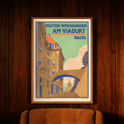 Architektonische Illustration einer Häuserfassade am Viadukt in Basel in Retro-Farben.