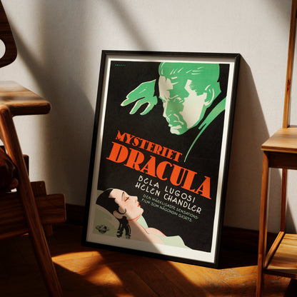 Vintage Horror Poster Mysteriet Dracula mit roter Schrift und Illustration von Bela Lugosi.