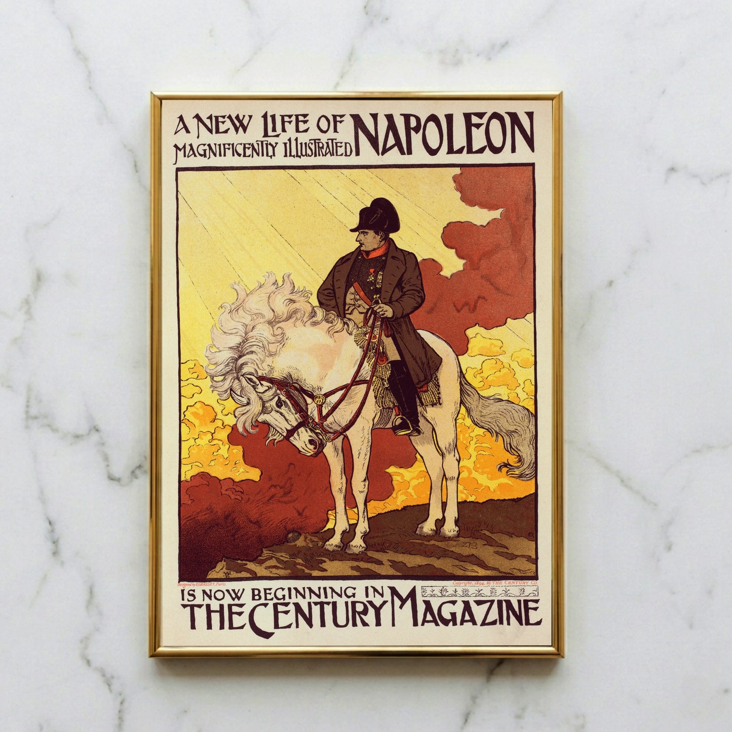 Napoléon Bonaparte auf einem weißen Pferd, Illustration von Eugène Grasset im Art Nouveau Stil.
