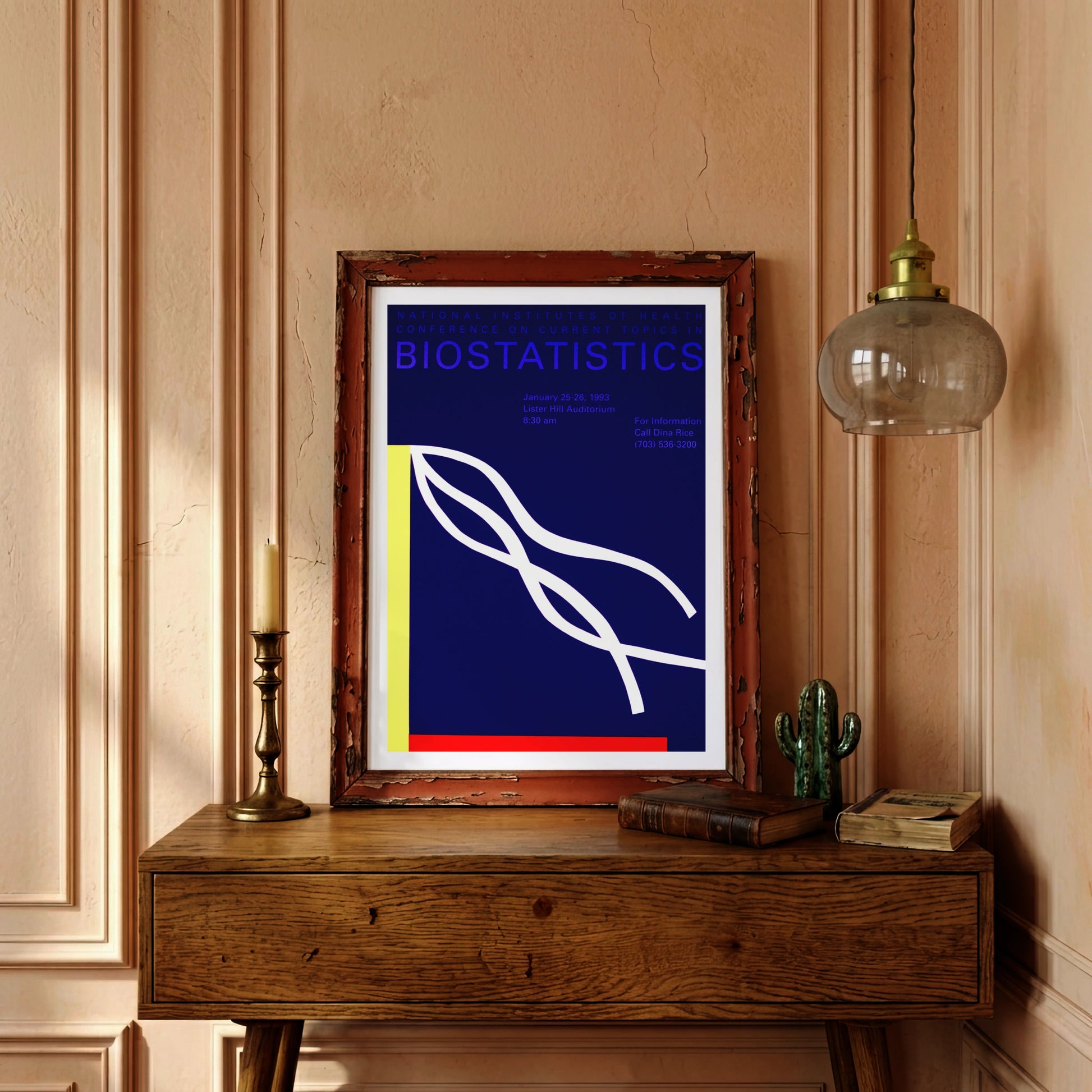 Minimalistisches Grafikdesign-Poster mit tiefblauem Hintergrund, gelbem Akzent am Rand und weißer Kurvengrafik.