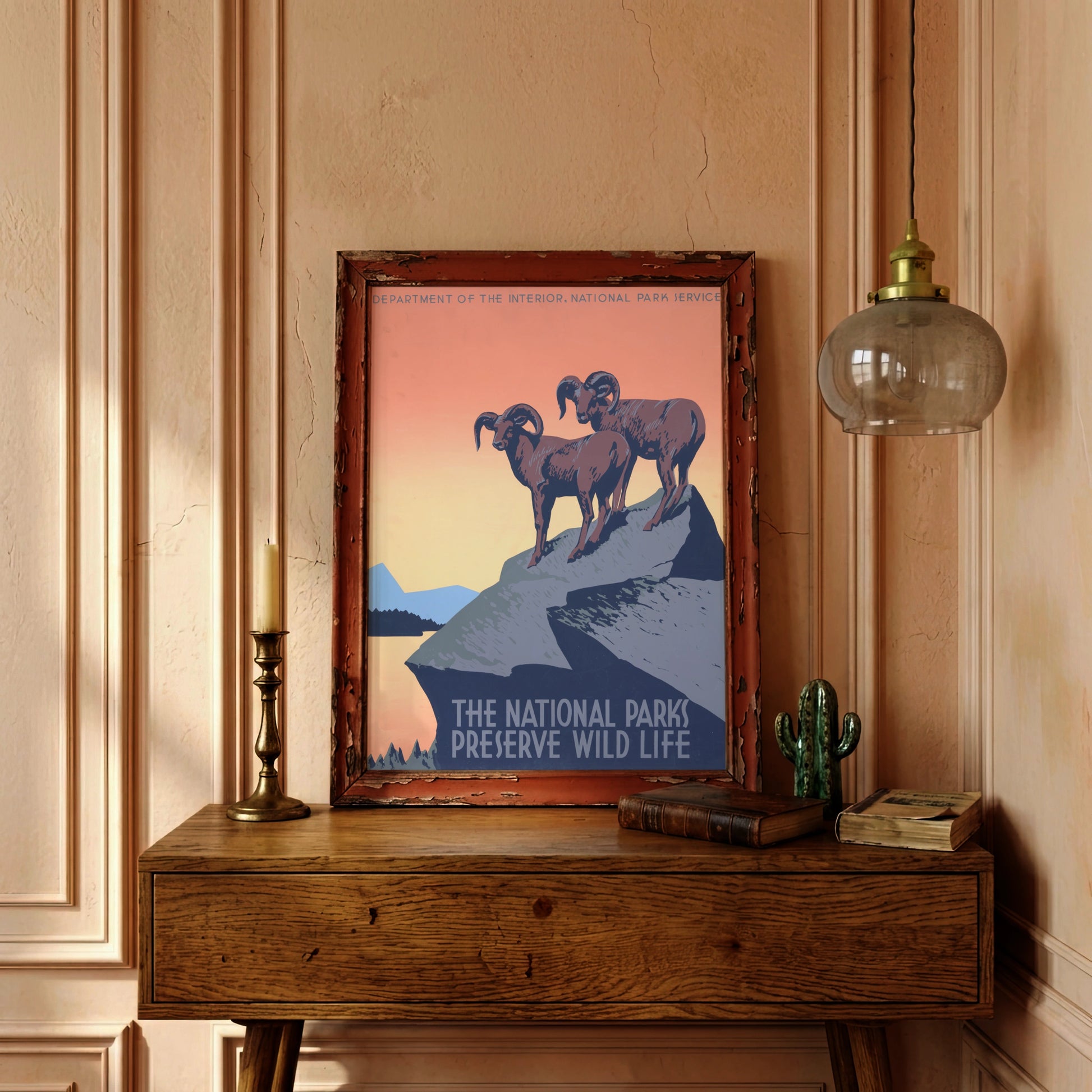 Vintage National Park Poster von 1936 mit zwei Dickhornschafen auf einem Felsen vor Sonnenuntergang.