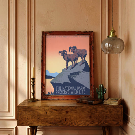 Vintage National Park Poster von 1936 mit zwei Dickhornschafen auf einem Felsen vor Sonnenuntergang.