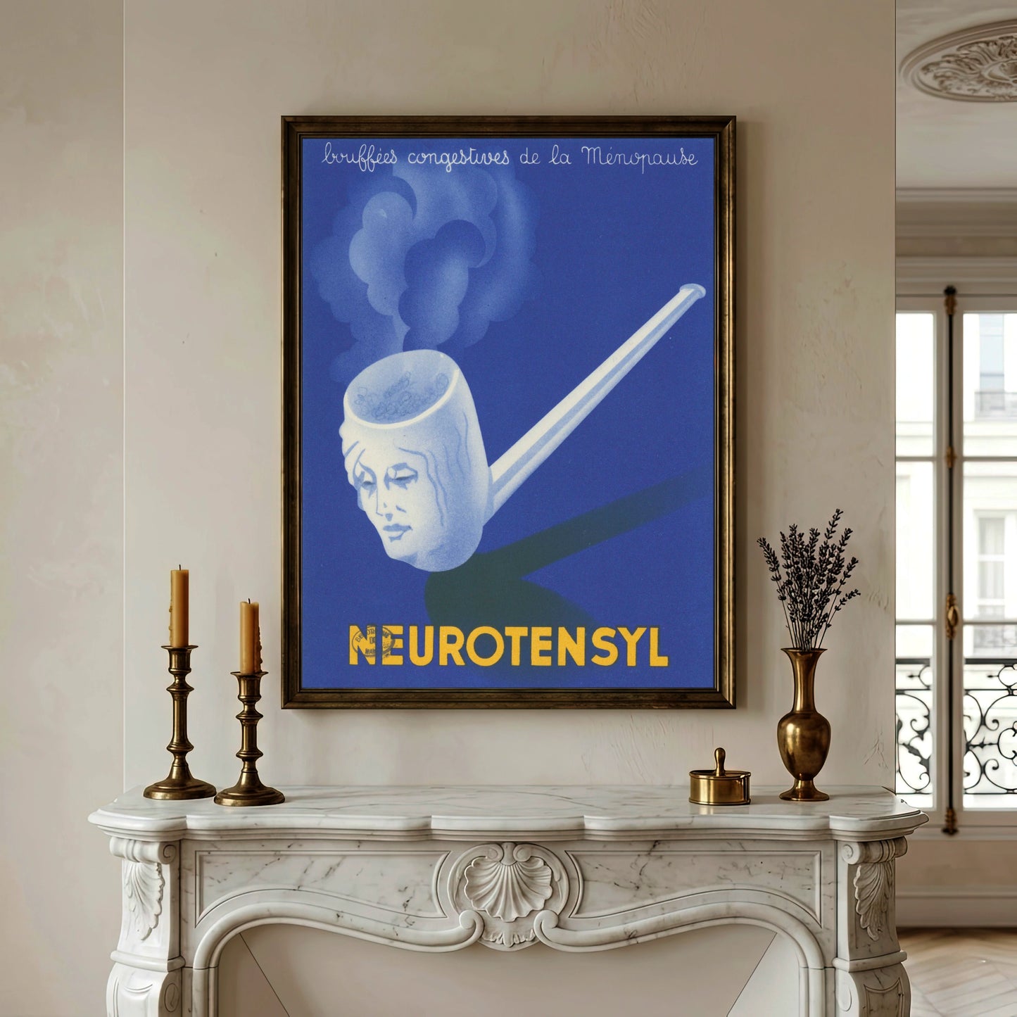 Neurotensyl Vintage-Plakat mit einer rauchenden Pfeife in Form eines Frauengesichts auf blauem Hintergrund.