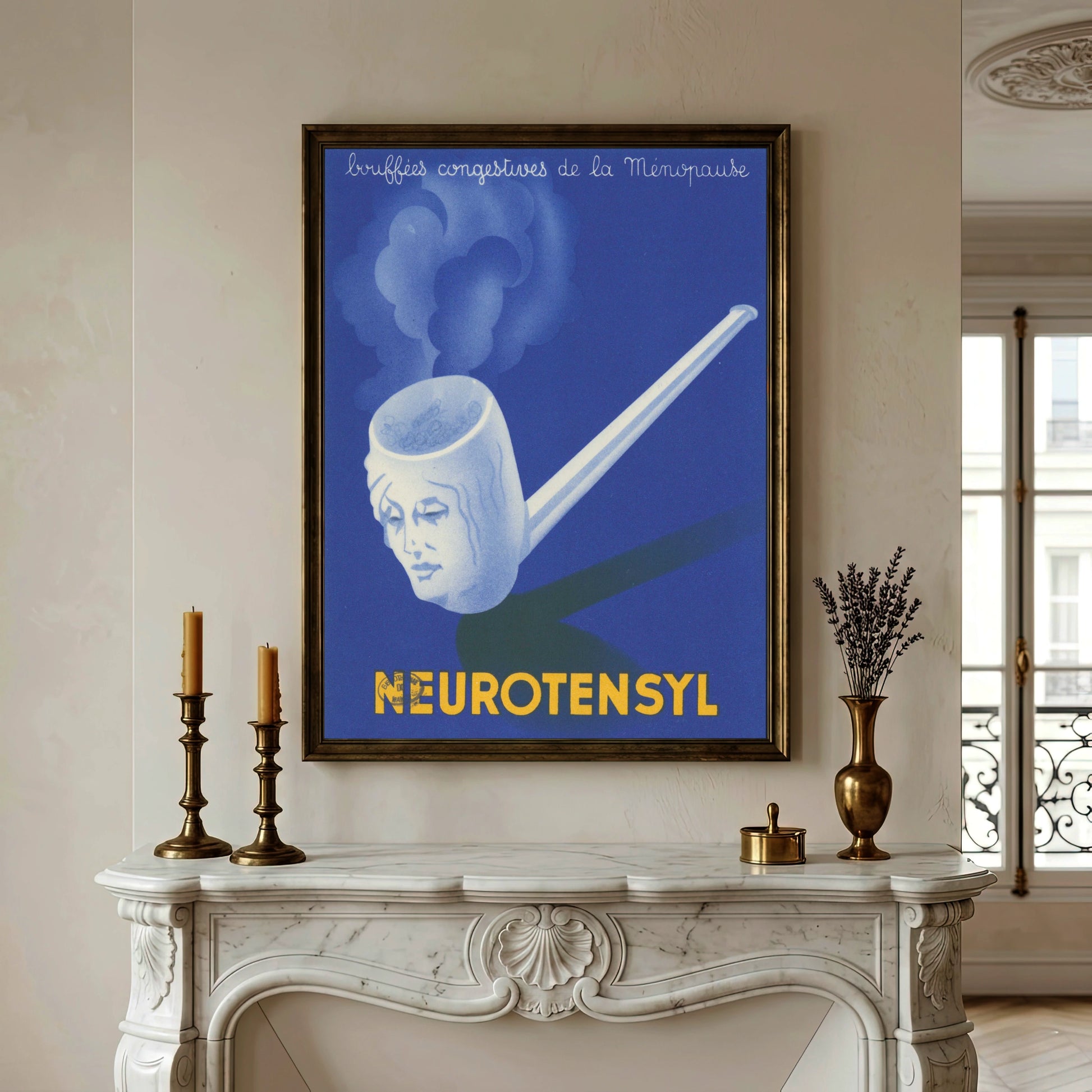 Neurotensyl Vintage-Plakat mit einer rauchenden Pfeife in Form eines Frauengesichts auf blauem Hintergrund.