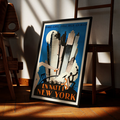 Vintage Filmplakat En Natt i New York von Eric Rohman 1927 mit Wolkenkratzern und Mond.