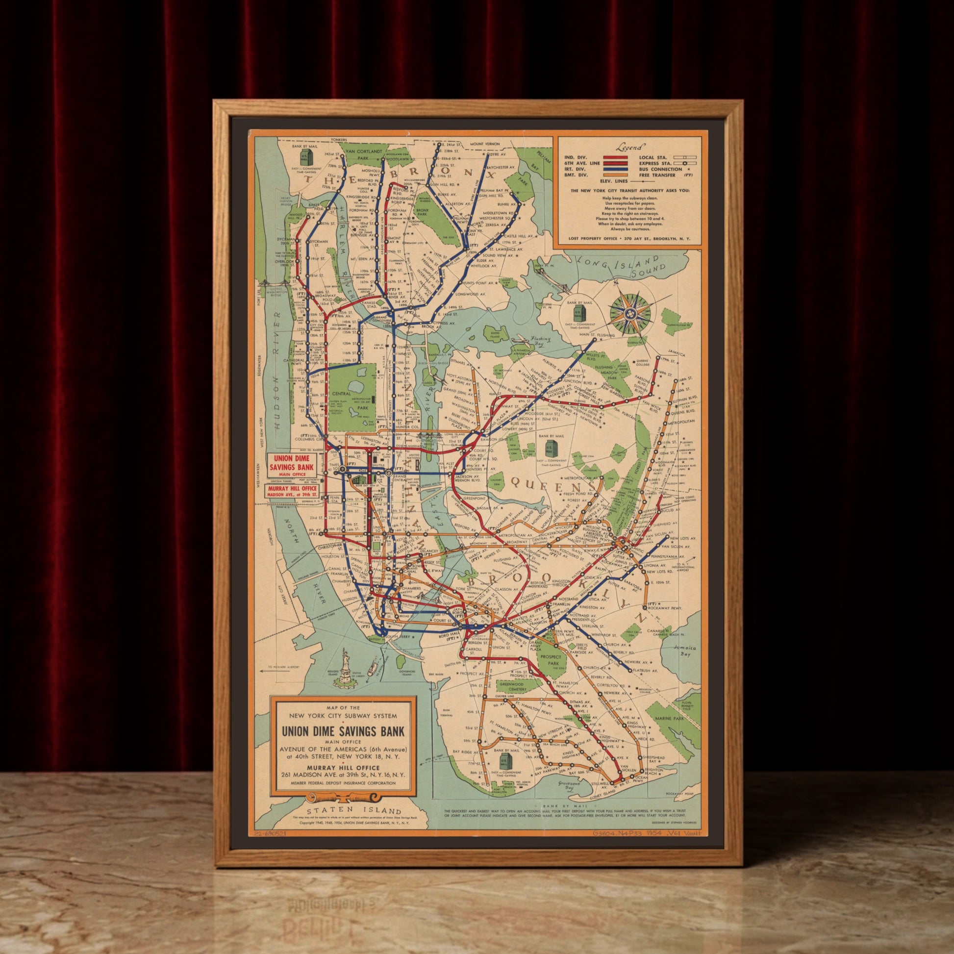 Vintage New York City Subway Map aus dem Jahr 1954 mit farbigen Linienetz.