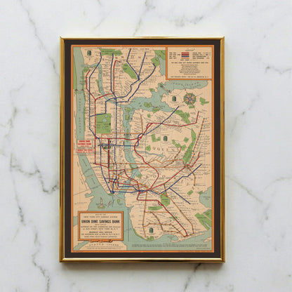 Vintage New York Subway Map von 1954 mit farbigen Linien für Manhattan, Brooklyn und Queens.
