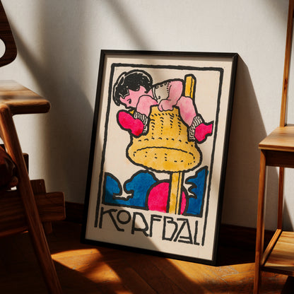 Grafisches Vintage Sportposter Korfbal in Primärfarben Gelb, Blau und Rot.